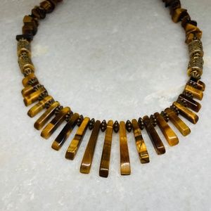 Vintage Tiger Eye Bib Fringe Necklace Semi Precious Gemstone Beads 18”  Beauty